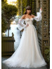 Strapless Beaded Ivory Lace Tulle Wedding Dress With Detachable Sleeves